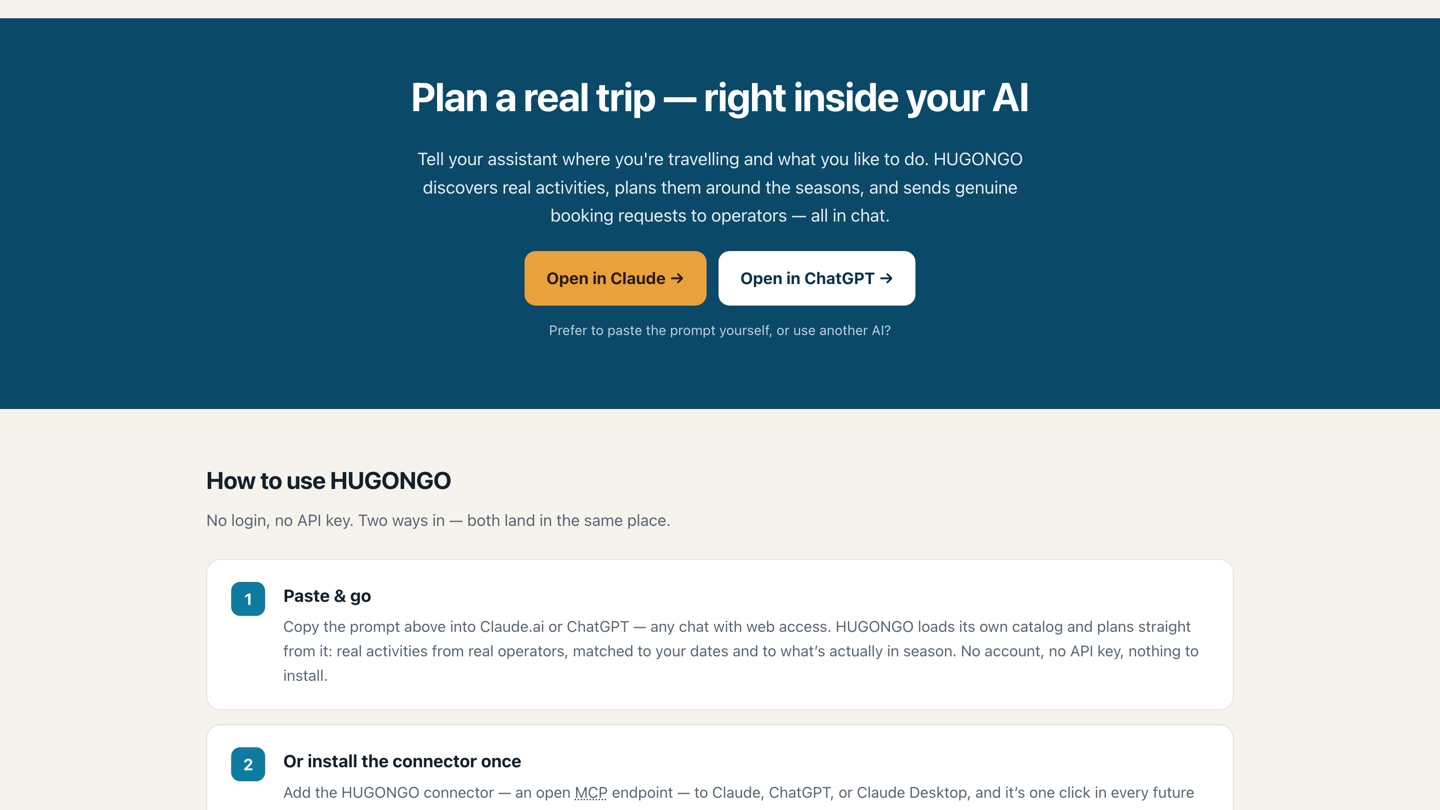 Hugongo home page: “Plan a real trip — right inside your AI.”