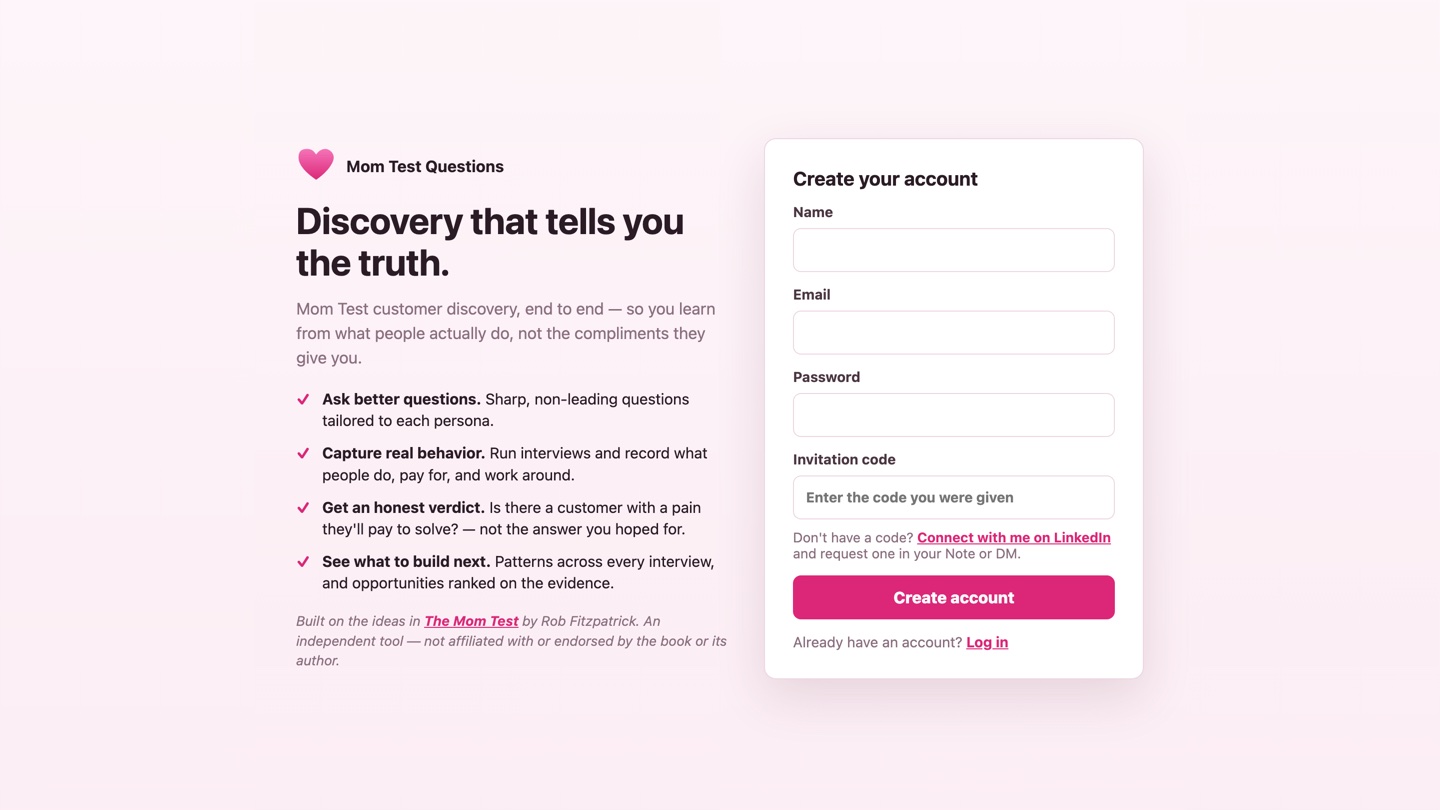 Mom Test Questions home page: “Discovery that tells you the truth.” beside an account sign-up card.