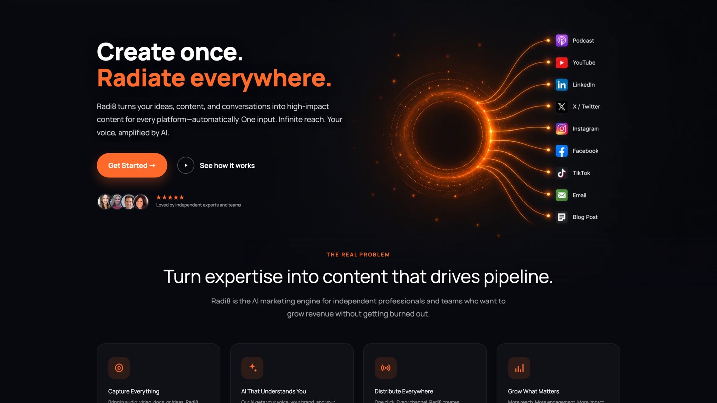 The Radi8 home page — an AI marketing engine built by Spring AI Studio